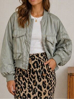 Ci Sono Sage Green Cropped Bomber Jacket